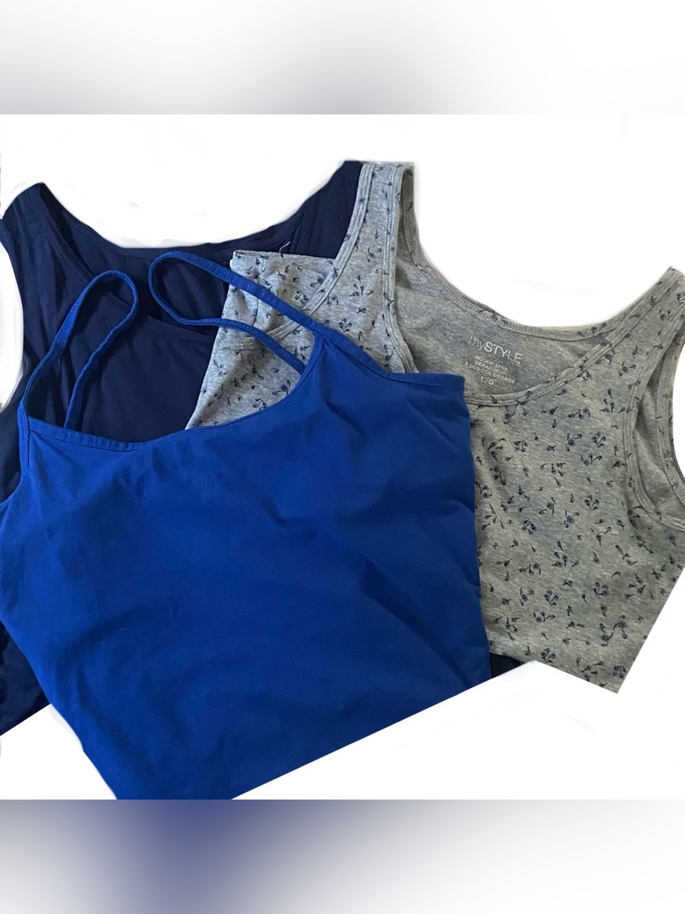 Blue tank tops Pack of 3 Royal Blue, Navy & Grey with blue flowers